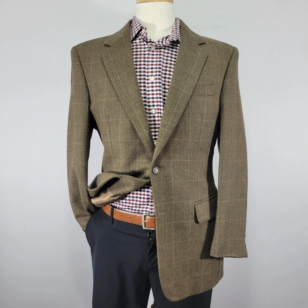 JOS A BANK Men's Sport Coat Blazer Two Button Flannel Herringbone‎ Plaid 40R